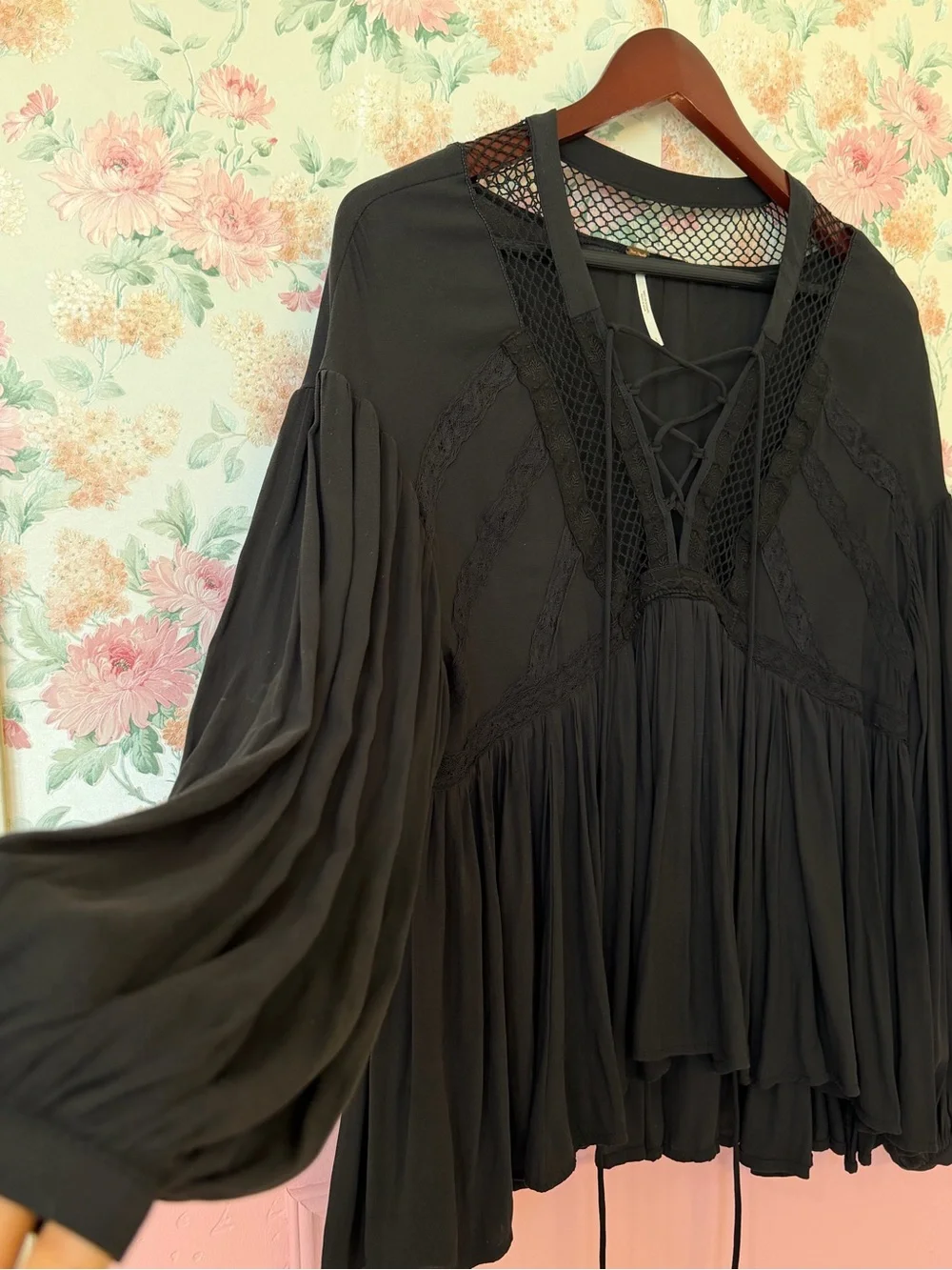 Free People Navy Lace-Up Boho Peasant Top
